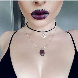 Silver Hollow Moon Charm Adjustable Cord Choker